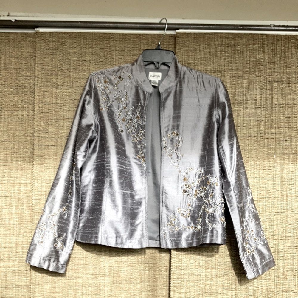 Chico’s silk lined fitted jacket color steel grey size 0